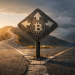 Bitcoin road sign at a fork in a mountain highway at sunset, symbolizing a new indicator that helped avoid a major drop while a key level may determine the next breakout