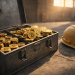 Open metal case filled with Bitcoin coins beside a miner’s hard hat, illustrating miners using BTC as working capital and a looming $4 billion supply overhang by May