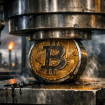 Bitcoin coin being crushed by an industrial press in a smoky refinery setting, symbolizing pressure on Bitcoin price as US economic growth slows and inflation remains persistent