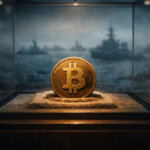Bitcoin displayed in a glass case with warships blurred in the background, symbolizing the weekly cost of Israel’s Iran war measured in 41,300 BTC