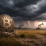 Bitcoin coin set against storm clouds and oil pumpjacks at sunset, highlighting market tension as rising oil prices threaten bullish BTC momentum linked to geopolitical timelines