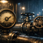 Industrial pressure gauge and valve marked with Bitcoin and Bithumb symbols, representing the fading kimchi premium as South Korea intensifies scrutiny on the exchange