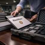 BlackRock document placed beside a secure case of digital devices, illustrating traditional investment products moving into digital wallets after a $150B crypto expansion