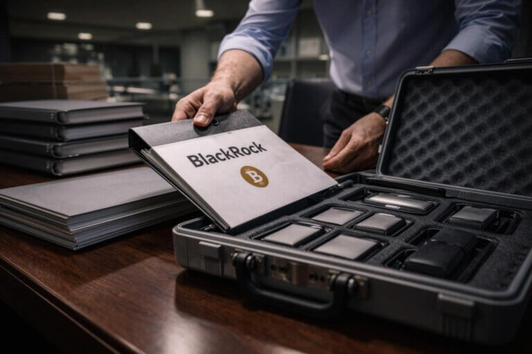 BlackRock document placed beside a secure case of digital devices, illustrating traditional investment products moving into digital wallets after a $150B crypto expansion