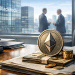 Ethereum coin on stacks of cash in a corporate boardroom with BlackRock offices in the background, symbolizing institutional crypto partnerships and the debate over real adoption versus crypto-washing in global payments networks