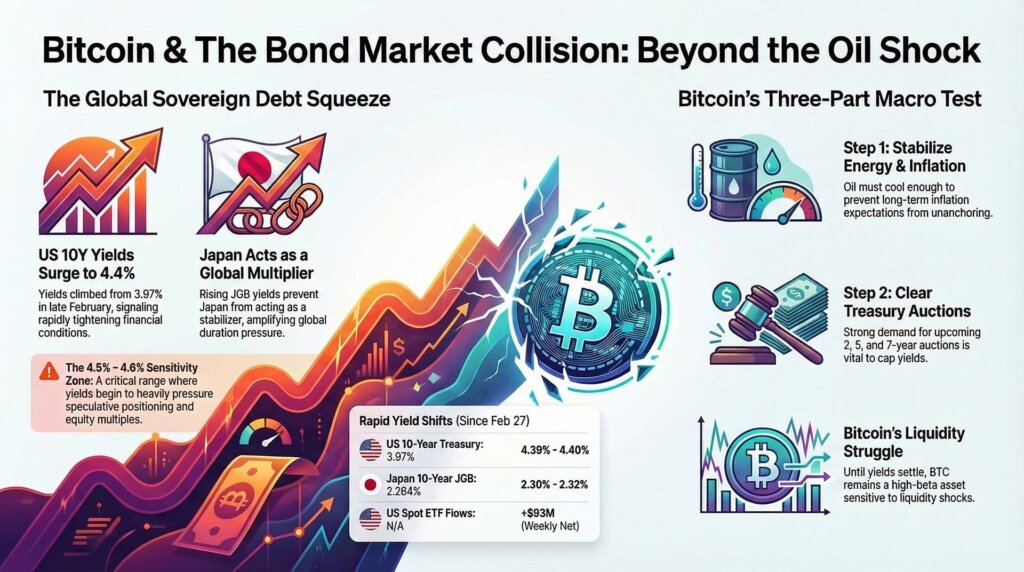 Infographic showing Bitcoin against rising U.S. and Japan bond yields, outlining a three-part macro test around energy stability, Treasury auctions, and liquidity.