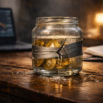 Glass jar filled with crypto coins leaking water on a desk, symbolizing hidden liquidity risks facing liquid crypto funds in DeFi