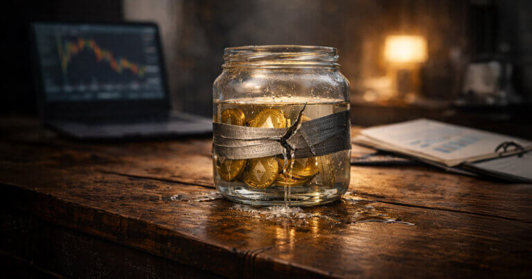 Glass jar filled with crypto coins leaking water on a desk, symbolizing hidden liquidity risks facing liquid crypto funds in DeFi