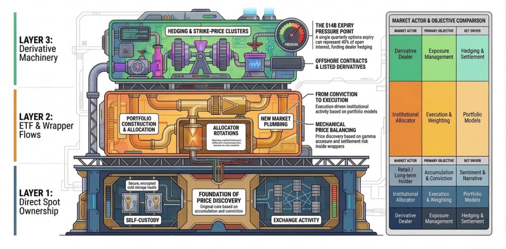 Diagram showing a three-layer Bitcoin investment structure: Layer 1 spot ownership, Layer 2 ETF and wrapper flows, and Layer 3 derivative machinery, with labels comparing market actors, objectives, and sources of price pressure.