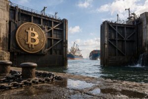 Open port gates marked with a Bitcoin emblem as cargo ships move ahead, reflecting a market rally fueled by hopes of an end to the Iran war and a weaker US dollar