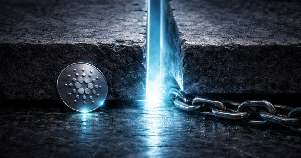 Cardano ADA coin beside a heavy chain split by a glowing crack in stone, symbolizing low-key network upgrades paving the way for institutional adoption backed by on-chain data