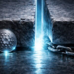 Cardano ADA coin beside a heavy chain split by a glowing crack in stone, symbolizing low-key network upgrades paving the way for institutional adoption backed by on-chain data