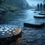 Cracked Cardano symbol on stepping stones across a dark river at dusk, illustrating Project Catalyst’s leadership change and a funding pause creating a gap for builders