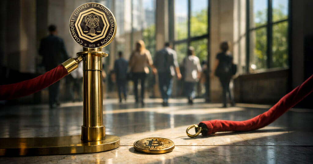 CFTC seal on a velvet rope stanchion with a Bitcoin coin on the floor of a government building, symbolizing a potential shift of $85 billion in Bitcoin liquidity for retail traders in April