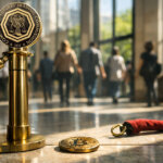 CFTC seal on a velvet rope stanchion with a Bitcoin coin on the floor of a government building, symbolizing a potential shift of $85 billion in Bitcoin liquidity for retail traders in April
