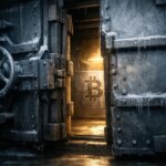 Frozen vault door opening to reveal a glowing Bitcoin, symbolizing regulatory clarity unlocking access and impacting Bitcoin holdings