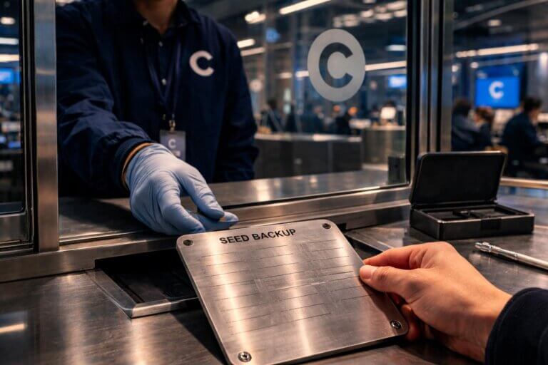 User handing over a crypto seed phrase backup at a Coinbase service counter, highlighting the risk of entering recovery phrases online during Commerce migration confusion