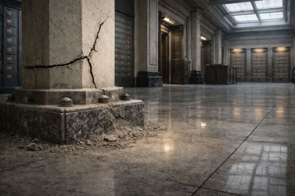 Cracked stone pillar inside a grand financial hall, symbolizing mounting stress in the normally safe 2-year Treasury market