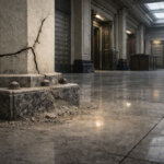Cracked stone pillar inside a grand financial hall, symbolizing mounting stress in the normally safe 2-year Treasury market