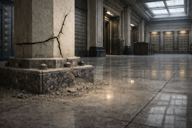 Cracked stone pillar inside a grand financial hall, symbolizing mounting stress in the normally safe 2-year Treasury market