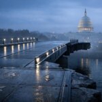 Broken bridge leading toward the U.S. Capitol with Bitcoin and Ethereum symbols embedded in the path, symbolizing limited SEC clarity and ongoing market distrust without Congress