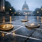 Bitcoin and Ethereum coins on a grid near the US Capitol, reflecting uncertain SEC policy gains that could still be reversed