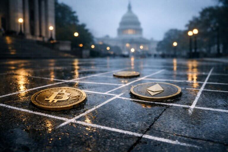 Bitcoin and Ethereum coins on a grid near the US Capitol, reflecting uncertain SEC policy gains that could still be reversed
