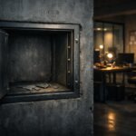 Open empty safe with scattered fragments in a dim office, symbolizing the lasting impact of crypto hacks even after funds are gone
