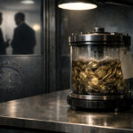 Sealed container filled with crypto coins on a metal table inside a government office, symbolizing prosecutors seeking to retry the Tornado Cash founder despite recognition that crypto mixers can have legal uses