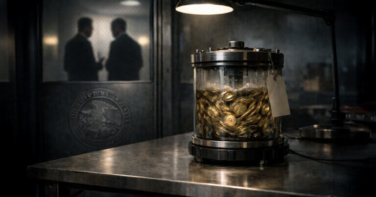 Sealed container filled with crypto coins on a metal table inside a government office, symbolizing prosecutors seeking to retry the Tornado Cash founder despite recognition that crypto mixers can have legal uses