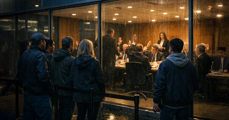 Tokenized stock coins stacked in front of a financial exchange building, symbolizing $25 billion in crypto stock token trading without granting holders real shareholder voting rights