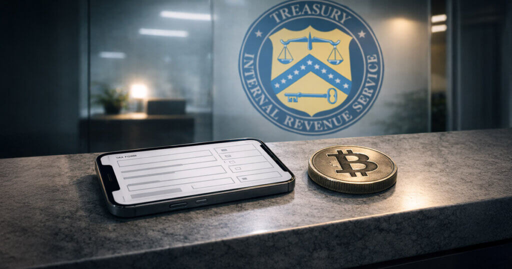 Smartphone displaying a tax form beside a Bitcoin coin in front of an IRS logo, highlighting potential app-only crypto tax filing requirements and exchange account risks