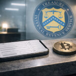 Smartphone displaying a tax form beside a Bitcoin coin in front of an IRS logo, highlighting potential app-only crypto tax filing requirements and exchange account risks