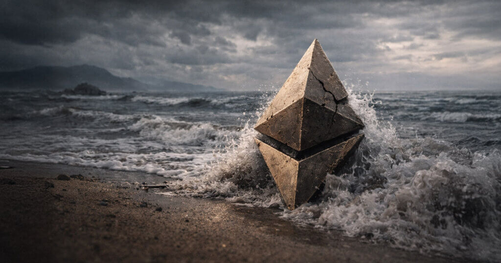 Cracked Ethereum symbol battered by crashing waves on a stormy shoreline, representing Ethereum’s strongest loss streak since 2018