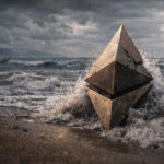 Cracked Ethereum symbol battered by crashing waves on a stormy shoreline, representing Ethereum’s strongest loss streak since 2018