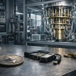 Ethereum hardware wallet and coins in a lab setting, symbolizing the migration battle over wallets, bridges and dormant assets amid quantum risks