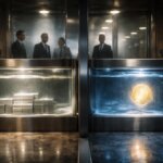 Bank vault display splits insured cash from a separate crypto token tank, illustrating FDIC limits on stablecoin insurance and how banks could quickly leverage the divide