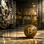 Bitcoin coin standing on the floor of a bank vault with a massive open safe door and gold reserves behind it, symbolizing the Federal Reserve’s decision on whether Bitcoin remains outside the traditional banking system