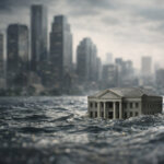 Small bank building submerged in rising floodwaters with a city skyline behind it, representing $875B in commercial real estate debt putting regional banks at risk