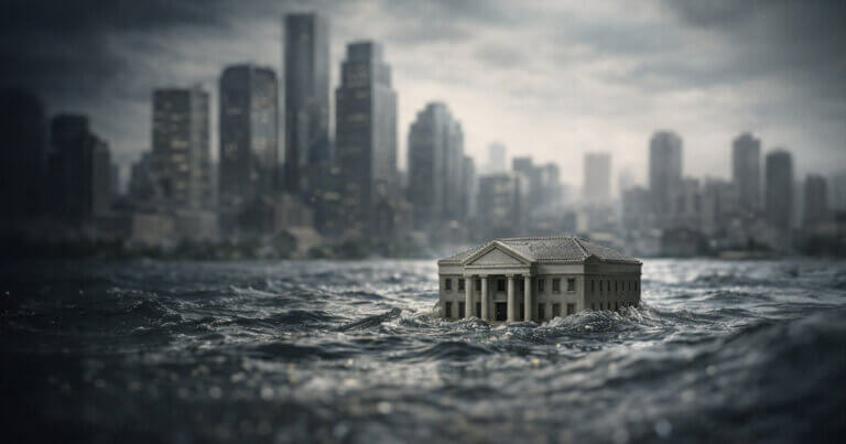 Small bank building submerged in rising floodwaters with a city skyline behind it, representing $875B in commercial real estate debt putting regional banks at risk