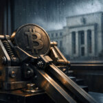 Bitcoin coin held in a mechanical clamp near a window overlooking a central bank building, symbolizing the Fed decision determining whether Bitcoin can break above $80,000