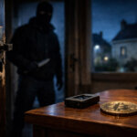 Hardware crypto wallet and Bitcoin coin on a bedside table as a masked intruder enters a home, illustrating rising physical security risks tied to Bitcoin self-custody for everyday investors in France