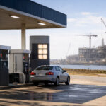 Car fueling at a gas station with a large refinery under construction across the water in Brownsville, highlighting questions over how quickly the project can lower gas prices