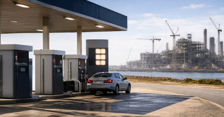 Car fueling at a gas station with a large refinery under construction across the water in Brownsville, highlighting questions over how quickly the project can lower gas prices
