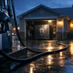Gas pump connected to a home garage with a Bitcoin safe, symbolizing how rising fuel costs and mortgage rates are impacting Bitcoin holders