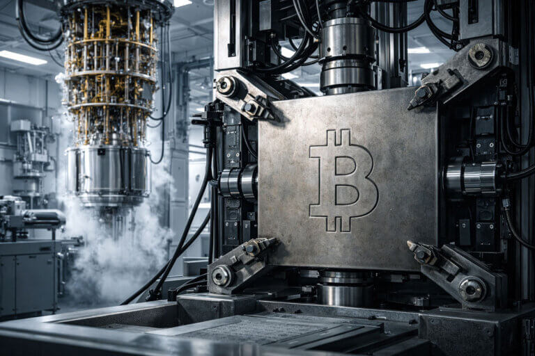 Advanced quantum computing system processing a Bitcoin block, illustrating why new research targets Bitcoin security over traditional banking or nuclear encryption