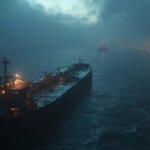 Oil tanker in a tense, foggy Middle East seascape as geopolitical threats rise, reflecting Bitcoin’s drop to $68,000 amid US-Iran escalation