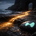 Rock with a glowing Hyperliquid logo beside a stream of molten gold flowing toward a dark sea under a stone archway at dusk, symbolizing Hyperliquid gold perpetuals front-running COMEX after Iran strikes and the Monday gap revealing a new weekend leader