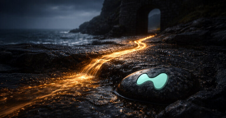 Rock with a glowing Hyperliquid logo beside a stream of molten gold flowing toward a dark sea under a stone archway at dusk, symbolizing Hyperliquid gold perpetuals front-running COMEX after Iran strikes and the Monday gap revealing a new weekend leader