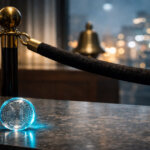 Digital token glowing on a velvet rope barrier in a stock exchange setting, symbolizing IPO access shifting from institutional perks to an on-chain opportunity for retail investors